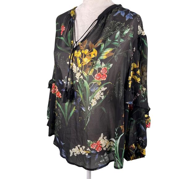 Chico's Chiffon Floral Ruffle Sleeve Ikat Blouse 18 - Picture 6 of 12